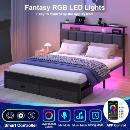 Queen Bed Frames with Storage Drawer, Platform Bed with Charging Station and LED Lights, Upholstered Headboard with 2-Tier Storage Shelves, No Box Spring Needed - size: Queen, style: Modern