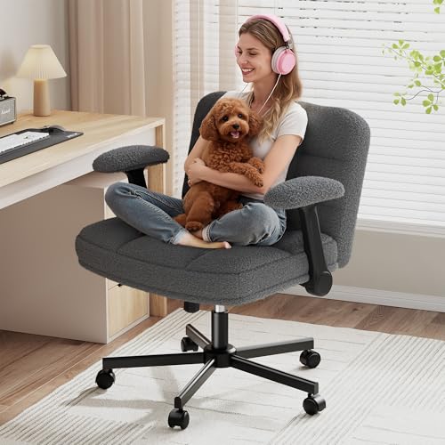 DurayLoly Criss Cross Chair with Wheels & Flip-up Arms | 360° Swivel,Plush Teddy Fabric Cross Legged Chair,Adjustable Heightfor Bedroom, Home Office, Apartment,Grey - color: Grey