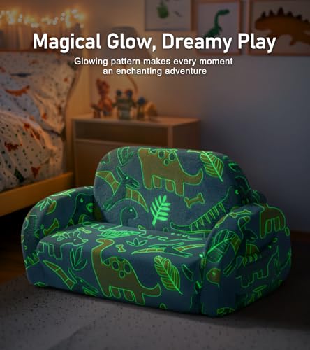 little dove 2-in-1 Kids Couch, Kid Sofa that Fold Out, Glow in the Dark Kid Chair, Extra Wide Kids Sofa, Comfy Kids Chair, Convertible Couch, Gifts for Girls & Boys, Dinosaur - color: Dinosaur