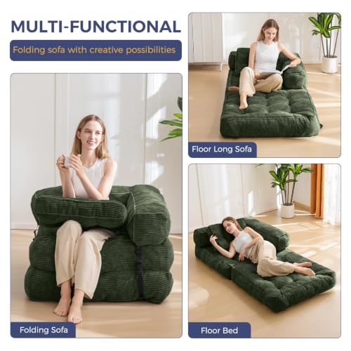MAXYOYO Folding Sofa Bed, Convertible Chair Bed with Pillow | L-Shaped Floor Sofa with Armrest and Pillow, Foldable Portable Fold Out Comfy Chair Bed for Living Room Bedroom, Dark Green - color: Dark Green
