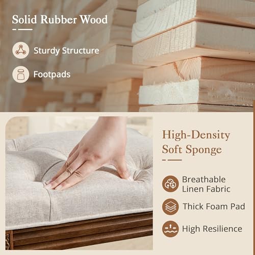 LUE BONA Upholstered Fabric Vanity Bench Seat, Makeup Stools for Vanity, Square Tufted Ottoman Bench with Carved Dark Brown Legs for Bedroom Living Room, Linen Color - color: Linen and Dark Brown