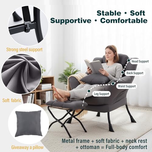 Lazy Chair with Ottoman, Comfy Reading Chair for Bedroom，Grey | Comfy Bedroom Accent Chair with Washable Removable Cover and extra throw pillow for Living Room Dorm - color: Peach Dark Grey-1