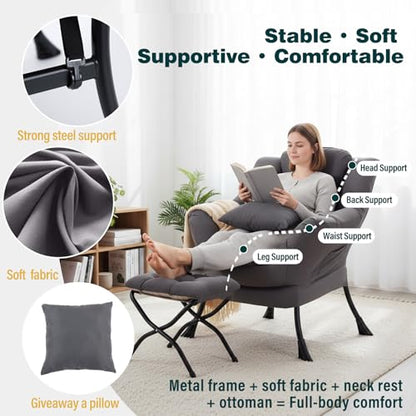 Lazy Chair with Ottoman, Comfy Reading Chair for Bedroom，Grey | Comfy Bedroom Accent Chair with Washable Removable Cover and extra throw pillow for Living Room Dorm - color: Peach Dark Grey-1