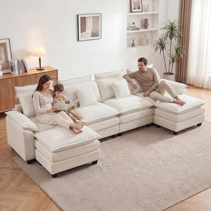 134'' U Shaped Sectional Couch, Cloud Deep Seat Sofa Couch with 2 Ottoman, Detachable Headrest, Oversized Modular 5 Seater Sofas for Living Room, Beige - color: Beige, size: U Shaped Couch