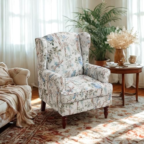 GDFStudio Modern Wingback Accent Chair with Solid Wood Legs and Cushion, Comfy Upholstered Floral Pattern Armchair, Retro Leisure Single Sofa Chair for Living Room Bedroom Home, Antique Blue 1 - color: Antique Blue 1