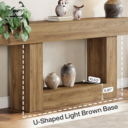 Tribesigns 63" Console Table, Farmhouse 2-Tier Entryway Table with U-Shaped Base, Narrow Long Wood Sofa Table Behind Couch Table for Living Room, Hallway, Foyer, Light Brown - color: Light Brown