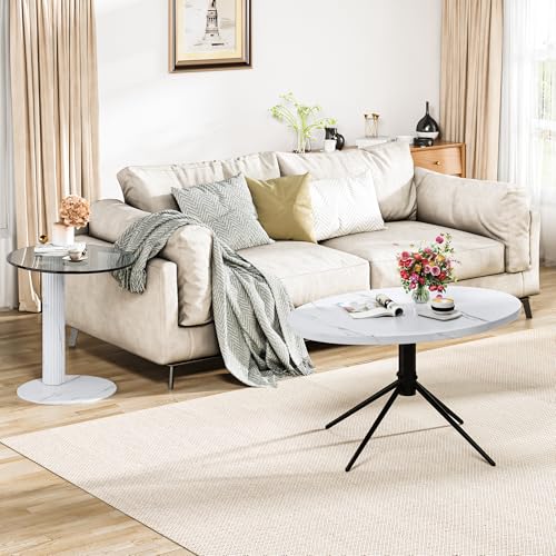 AWQM Oval Coffee Side Table Set of 2, Faux Marble Top and Modern Tempered Transparent Glass Top,Perfect for Living Room,Cafe,Home,and Office. - size: Set of 2