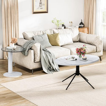 AWQM Oval Coffee Side Table Set of 2, Faux Marble Top and Modern Tempered Transparent Glass Top,Perfect for Living Room,Cafe,Home,and Office. - size: Set of 2