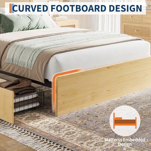 Garvee Queen Rattan Bed 4 Drawers Bohemian Headboard for Bedroom | Bohemian queen rattan bed with natural headboard, 4 drawers, LED lights,No box spring needed for bedroom use. - size: Queen(4 Drawers)