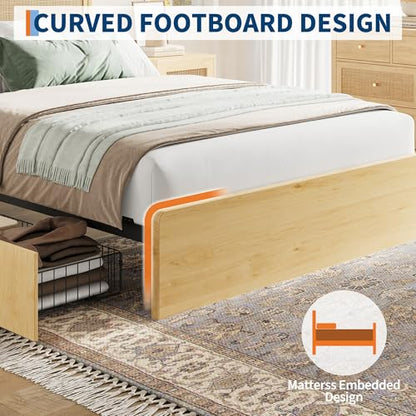 Garvee Queen Rattan Bed 4 Drawers Bohemian Headboard for Bedroom | Bohemian queen rattan bed with natural headboard, 4 drawers, LED lights,No box spring needed for bedroom use. - size: Queen(4 Drawers)