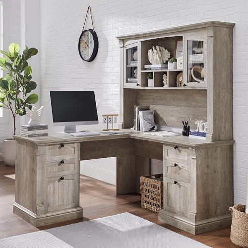 OKD 60" L Shaped Farmhouse Executive Desk with Hutch, Gray Oak | Charging Station, File Cabinet, Drawers, Home Office Desk, Wood Corner Computer Desk for Work, Study - color: Light Rustic Oak