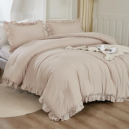 Litanika Full Comforter Set, 3 Pieces Khaki Ruffle Bedding Set | Farmhouse Shabby Chic Aesthetic Soft Fluffy Lightweight Breathable Bed Set for Girls Women Room Decor Gift All Season - color: 08 - Khaki, size: Full (79"x90")
