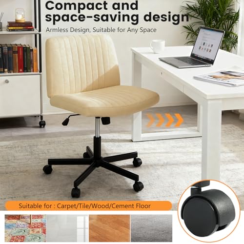 FDW Criss Cross Chair with Wheels Cross Legged Office Desk Modern Swivel Height Adjustable Wide Seat Computer Task Vanity Chair Comfy Fabric Armless Seating for Home Office - color: Beige, style: With Wheels