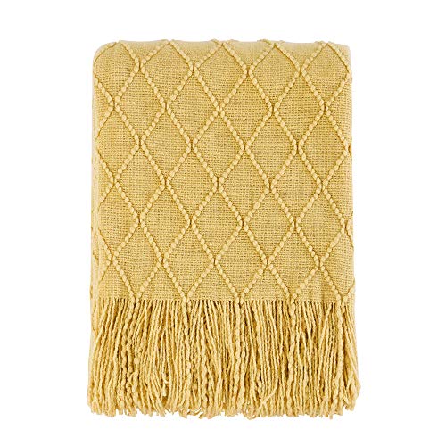 BOURINA Mustard Throw Blanket 60x80 Inch Boho Knit Soft Throw Sofa Blanket | Knitted Throw Blanket 60x80 Inches, Soft Lightweight Boho Weave Throw Decorative Couch Blanket for Living Room Bedroom Chair - color: Mustard, size: 60"x80"