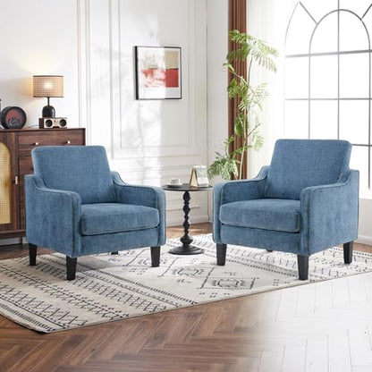 VINGLI Chair Navy Blue Upholstered Chenille Accent Chair for Living Room, Bedroom, Mid-Century Modern Arm Chair Comfy Reading Chair with Scooped Arms - color: Navy Blue
