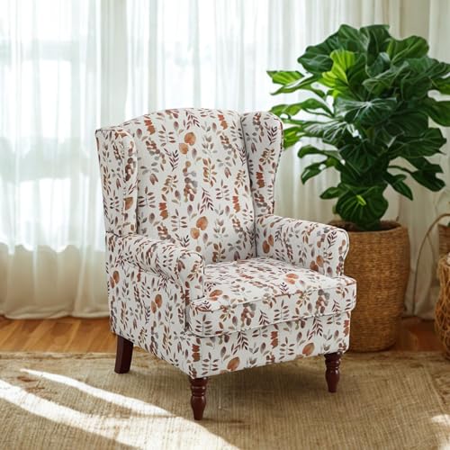 GDFStudio Modern Wingback Accent Chair with Solid Wood Legs and Cushion, Comfy Upholstered Floral Pattern Armchair, Retro Leisure Single Sofa Chair for Living Room Bedroom Home, Brown+Yellow - color: Brown+yellow