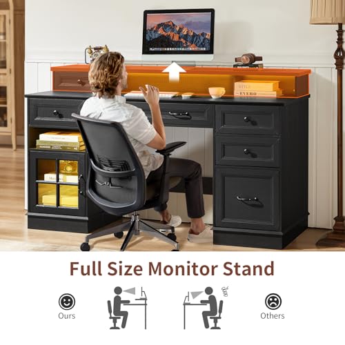 HAUOMS Farmhouse Executive Desk Computer Desk with Drawers，Black | Executive Office Desk with File Drawers, Power Outlet, Led Lights, Storage Cabinet and Monitor Shelf for Home Office - color: Black