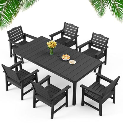 7-Piece Patio Dining Set, 63" Outdoor Dining Rectangle Table w/Aluminum Frame and 6 Chairs, Weatherproof HIPS Dining Furniture with Umbrella Hole, for Backyard Garden Deck Poolside, Black - size: 7pcs set
