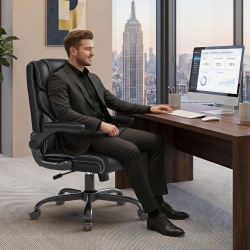 Office Chair, Executive Mid-Back Computer Desk Chair with Flip-up Armrests | 300 Lbs Ergonomic Leather Swivel PC Chair with Rock Function for Working Studying (Black) - color: Black