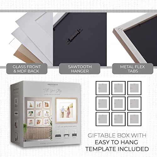 Sheffield Home 9 Piece Gallery Wall Frame Set, 12x12 in. Matted to 8x8 in. (Light Natural) - color: Light Natural, size: 12x12 Inch