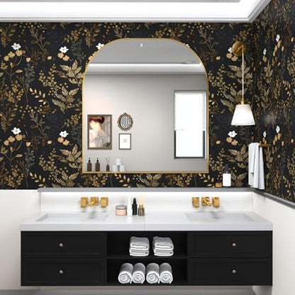 Black Floral Wallpaper Peel and Stick Wallpaper Leaf Wallpapers Gold Leaf Contact Paper for Cabinets Waterproof Self Adhesive Wall Paper for Kitchen Countertop Wall 17.5" x 118" | Waterproof Vinyl Self Adhesive Removable Renter Friendly Floral Contact Pap