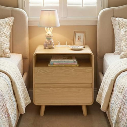 Nasonet Modern Nightstands Set of 2 with Charging Station, Wood End Table Bedroom Nightstands with Drawers, Wide Curved Bedside Table Set 2 for Bedroom, Living Room, Oak - color: Oak, size: 2 Drawers