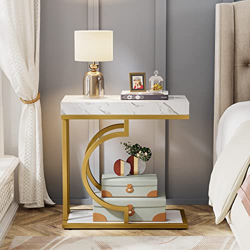 Tribesigns Narrow Side Table Set of 2, C Shaped End Table for Couch, White Gold Modern Bedside Tables with Metal Frame, Small Sofa Tables for Small Spaces, Living Rooms (2, White+Gold) - color: White+gold