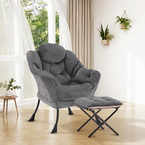 Lazy Chair with Ottoman, Modern Accent Lounge Chair with Side Pocket and Armrests, Cozy Reading Armchair with Footrest, Upholstered Sofa Chair for Small Spaces, Bedroom Living Room, Dark Grey - color: Dark Grey