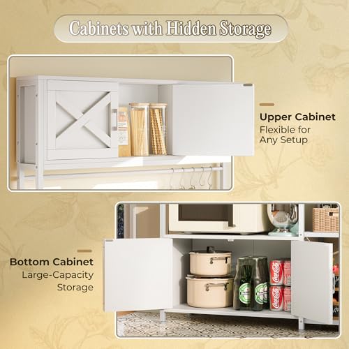 Huuger Large Bakers Rack with Power Outlet, Kitchen Microwave Stand with Cabinets, Coffee Bar Table Station with Storage, 6 S-Shaped Hooks, Mesh Shelves, 45 Inch Wooden Top, White - color: White