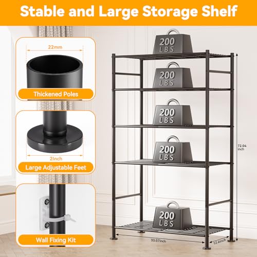 BolDuck 5 Tier Shelf Organizer Rack, Metal Shelving Unit with Adjustable Leveling Feet, Space-Saving Storage Shelves for Garage Closet Laundry Bathroom Kitchen Pantry, 33.07”Wx12.6”Dx72.04”H,Black - size: 5 Tier Shelf