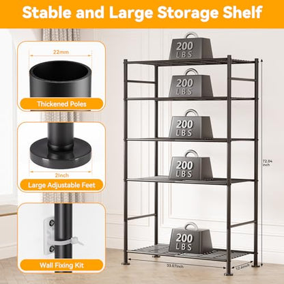 BolDuck 5 Tier Shelf Organizer Rack, Metal Shelving Unit with Adjustable Leveling Feet, Space-Saving Storage Shelves for Garage Closet Laundry Bathroom Kitchen Pantry, 33.07”Wx12.6”Dx72.04”H,Black - size: 5 Tier Shelf