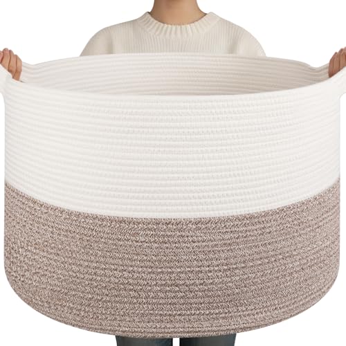 OIAHOMY 90L XXXLarge Blanket Basket for Living Room, 21.7" x 13.8" Woven Cotton Rope Laundry Basket for Organizing Pillows, Decorative Stuffed Animal Toy Storage for Nursery, White and Linen Brown - color: White and Linen Brown, size: 21.7"D x 13.8"H