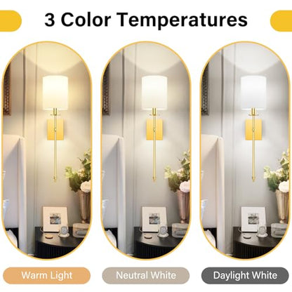 27 Inch Wall Sconces Battery Operated Set of 2, Rechargeable Wireless Wall Sconces Lights with Remote, Not Hardwired Dimmable Gold Wall Lamps with White Fabric Shade for Bedroom, 2 Bulbs Included - color: Gold and White, size: 27 inch