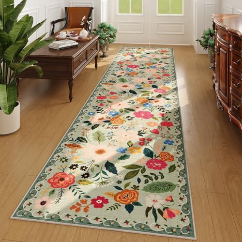 Rugcomf Runners for Hallways Kitchen Runner Rug Non Slip 2'x 10' Long Washable Rugs with Rubber Backing Soft Floral Carpet Runner for Hallways, Kitchen, Laundry, Bedroom, Bathroom(Green) - color: Green, size: 2' x 10' (Rectangular)