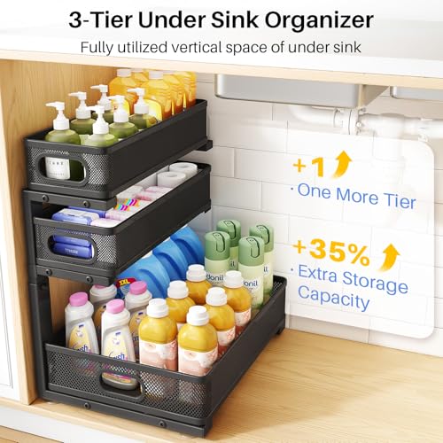 Under Sink Organizer, 3-Tier Thickened Metal Pull out Cabinet Organizer Shelf, Height Adjustable Slide out Storage Drawer Rack for Kitchen Bathroom Pantry Laundry Home Organization, 2-Pack, Black | 35% More Storage Capacity, Carbon Steel, Hold Up 55lbs, S