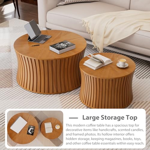 Modern Round Coffee Table Set of 2 Nesting Wood Fluted End Table Set | Drum Side Table, Circle Accent Tables, For Living Room Bedroom Balcony Office, Small Space - color: Natrual