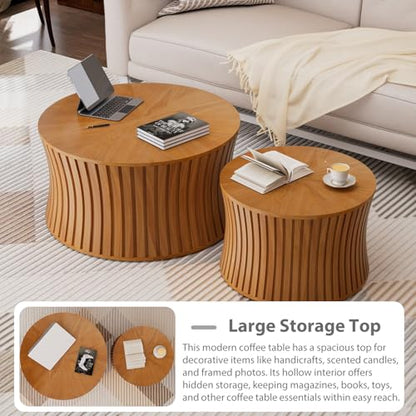 Modern Round Coffee Table Set of 2 Nesting Wood Fluted End Table Set | Drum Side Table, Circle Accent Tables, For Living Room Bedroom Balcony Office, Small Space - color: Natrual