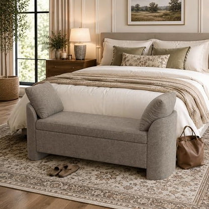 Usaint 58.3" Upholstered Storage Ottoman Bench with 2 Throw Pillows, Brown | End of Bed Bench with Curved Arms and Thickened Seat Cushion for Bedroom, Livingroom, Window, Entryway and Dressing Areas - color: Brown