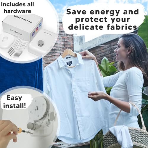 Retractable Clothesline Indoor Outdoor Clothes Line | Heavy Duty Clothes Drying Laundry Line | Wall Mounted Drying Rack Clothing Line - style: White