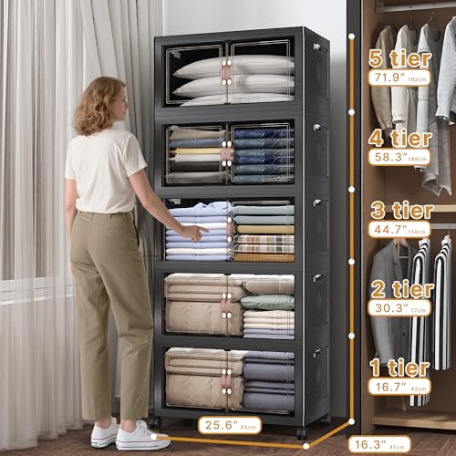 600QT Stackable Storage Bins with Lids, Doors & Wheels | Closet Organizers and Storage Cabinet, Lockable Plastic Foldable Drawers for Bedroom Dorm Office Garage（120QT*5,Black） - color: Black, size: 25.6"L