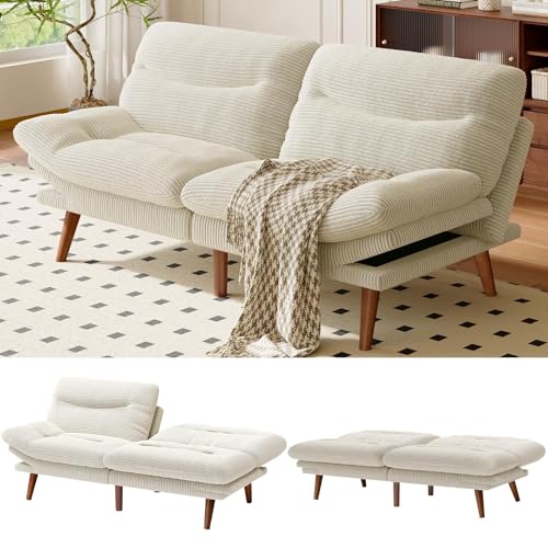 AMADA 66"Convertible Futon Sofa Bed, Corduroy Folding Futon Set with Adjustable Backrest &Armrests, Recliner Lounge for Living Room, Apartment or Office, Solid Wood Frame, Loveseat Sofa - Beige White