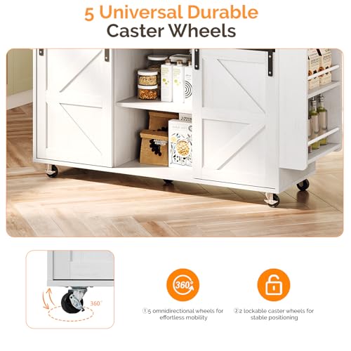 VINGLI 52" W Kitchen Island with Storage and Drop Leaf, Washed White | Farmhouse Rolling Cart with 3 Drawers, Sliding Barn Doors, Adjustable Shelves, Side Rack and Locking Wheels - color: White 2-box