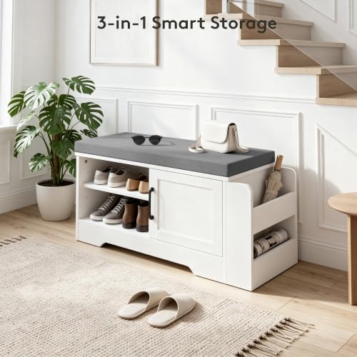 Farmhouse Shoe Storage Bench with 3-in-1 Entryway Storage & Padded Seat | 27.8" Wide Entryway Bench with Adjustable Shelves, Shoe Organizer & Side Storage Rack for Living Room, Bedroom, White - size: 27.8" Wide