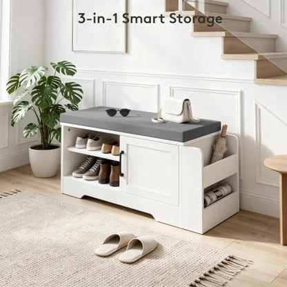 Farmhouse Shoe Storage Bench with 3-in-1 Entryway Storage & Padded Seat | 27.8" Wide Entryway Bench with Adjustable Shelves, Shoe Organizer & Side Storage Rack for Living Room, Bedroom, White - size: 27.8" Wide
