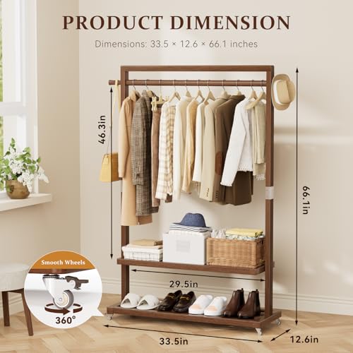 Solid Wood Clothes Rack with Wheels 3-in-1 Garment Rack Extra Long Rod 2 Shelves - size: S-12.6"D x 33.5"W x 66.1"H