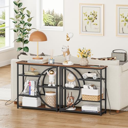 Snughome Entryway Table, Console Table with Charging Station, Industrial Narrow Sofa Table with 5 Tier Storage Shelves, Entrance Table for Hallway, Behind The Couch, Living Room, Foyer - color: Rustic Brown, size: 29.5"W - With Power Outlet