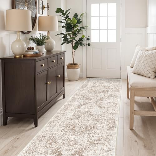 2'6"x8 Washable Runner Rug: Vintage Non-Slip Rug for Kitchen IvoryBeige | Low Pile Water Resistant Design Easy Clean Surface Soft Durable Rugs for Entryway Hallway and Indoor High Traffic Areas - color: Ivory/Beige, size: 2'6" x 8' (Runner)
