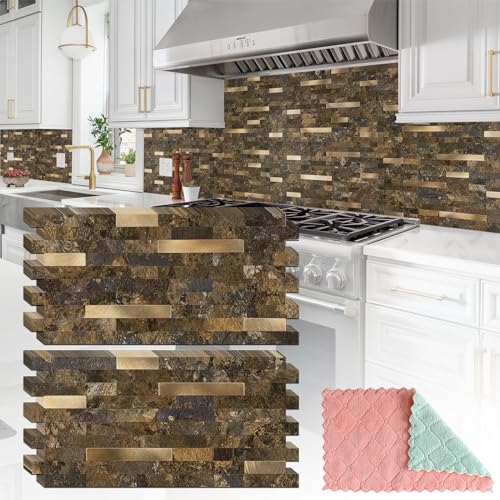 StyloVue 20 Sheets Peel and Stick Backsplash for Kitchen, Rust Slate with Metal Gold Look Stick on Tile Upgrade Your Kitchen Backsplash, RV, Fireplace - color: Rust Slate With Metal Gold