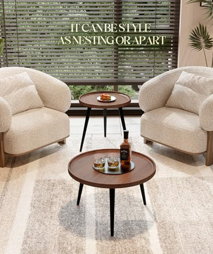2-Piece Walnut Coffee Table,Durable Mid Century Small Round Coffee Tables for Living Room,Easy Assembly Modern Nesting Coffee Tables Set,Circle Side Tables for Sofa Bedside Balcony - color: Walnut