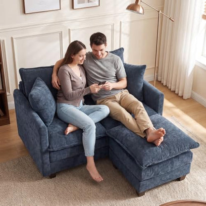 50'' L-Shape Loveseat Sofa with 22" Ottoman, 2 Seat Modern Cloud Couch with 2 Washable Pillows for Small Space Apartment Office Living Room Bedroom, Blue - color: Blue, size: 50"L